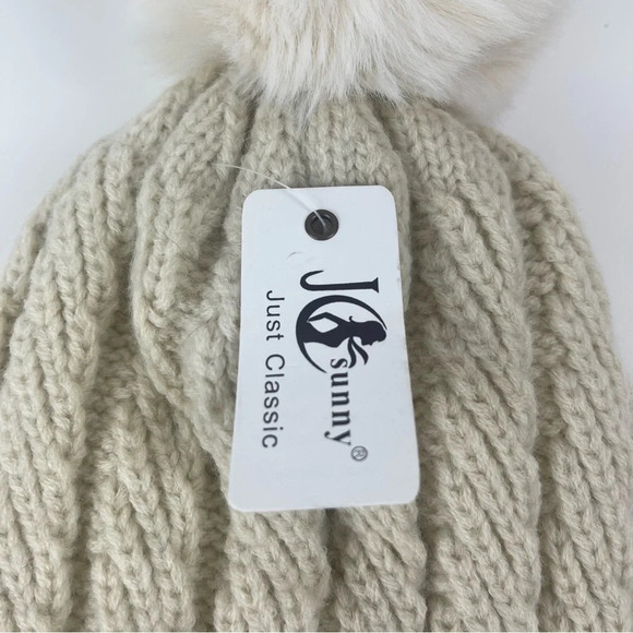 JC Sunny Just Classy Hat Womens One Size Beige Knit Fauc Fur Pom Pom Beanie - Picture 6 of 7